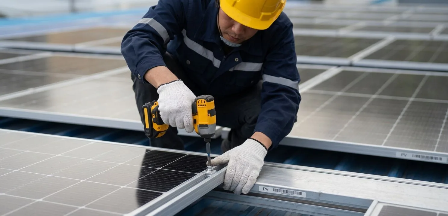 Técnico instalador atornillando la estructura de paneles solares en una instalación en Alicante