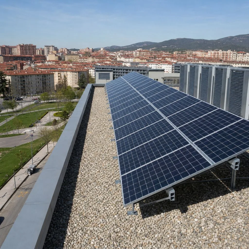 Instalación de placas solares en la azotea de un edificio de viviendas en Alicante